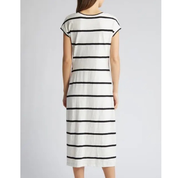 CASLON Twist Waist Organic Cotton Midi T-Shirt Dress - Ivory Cloud- Black Stripe - Picture 2 of 8